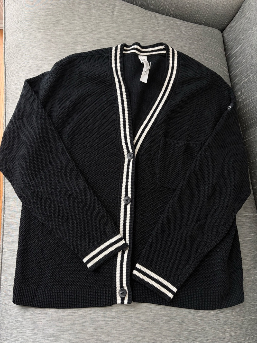 ALO Yoga Black Cardigan with White Stripe Trim - Men's Sweater